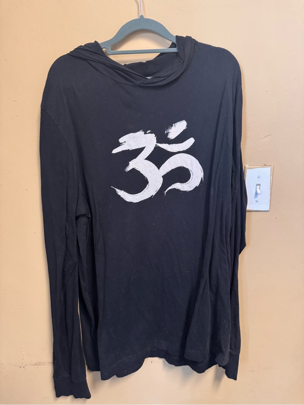 Men's Black Hooded Long-Sleeve Shirt with White Om Graphic
